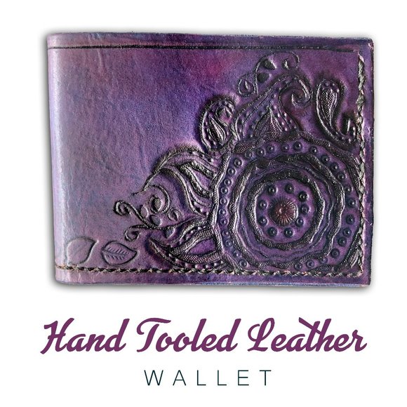 Women's hand tooled Leather ornate pattern purple wallet - Picture 1 of 3